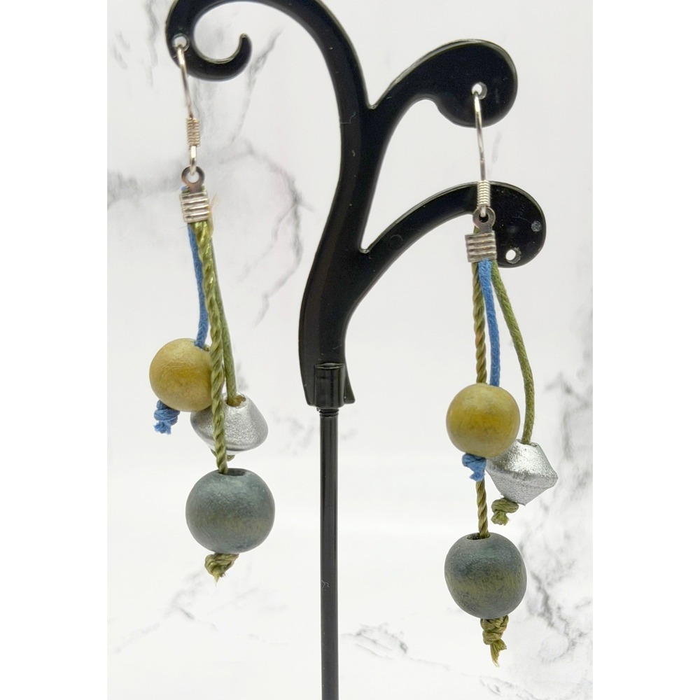 New Boho Wood Bead Dangle Earrings Olive Mustard Silver Handmade‎ Philippines